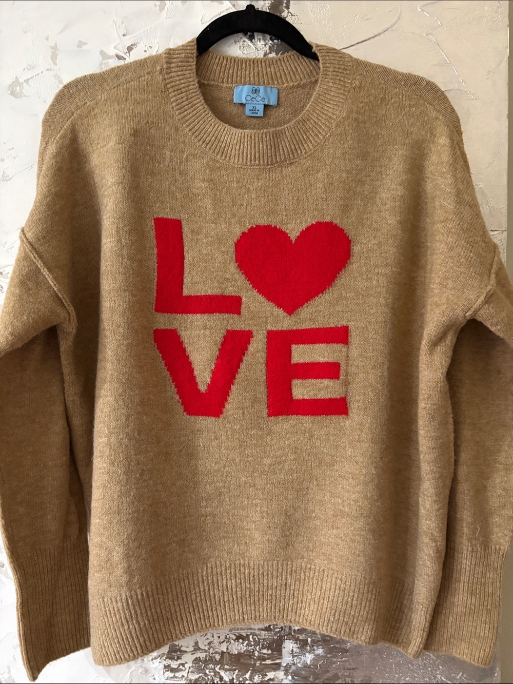 XS CeCe Beige Crewneck Sweater with Red LOVE Graphic